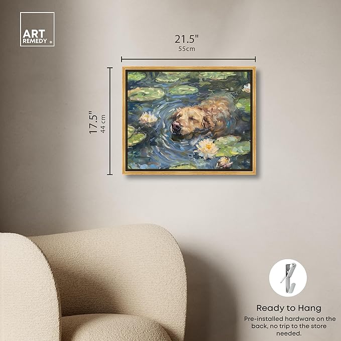 Art Remedy Monet Water Lilies Dog Rustic Chic Farmhouse Canvas Wall Art, Gold Floater Frame, 20"x16"