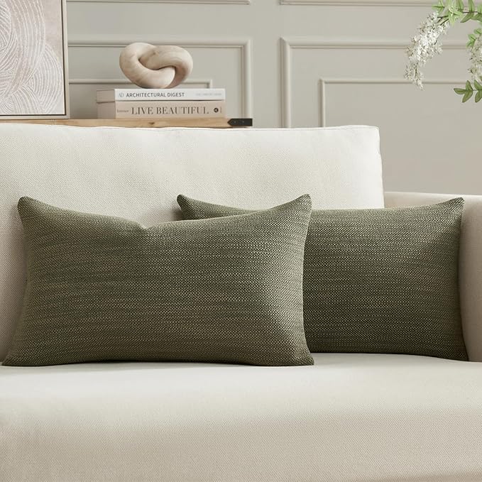 Meekio Set of 2 Linen Look Olive Green Pillow Covers 12x20, Decorative Throw Pillow Covers for Couch, Sofa, Bed & Living Room Decor