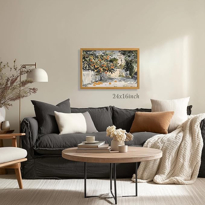 LLEEMPI Orange Tree Wall Art, Country Botanical Wall Decor, Vintage Fruit Canvas Painting, Rustic Farmhouse Poster Print for Kitchen Bathroom Bedroom Living Room Office Wood Framed 16x24 Inch