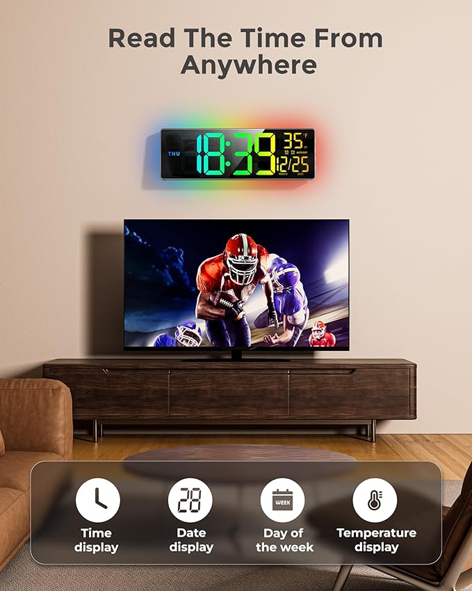 16.5" Large Digital Wall Clock with BT Sync, RGB Lights with 11 Scenes Mode Remote Control, Big LED Clock with Dual Alarms, Auto DST, Temperature for Classroom Gaming