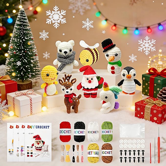 Hebuck 8Pcs Crochet Kit for Beginners, Easy Christmas Knitting Kit for Crochet Lovers, Beginner Crochet Kit for Adults, Crochet Animal Kits with Step by Step Videos Tutorials