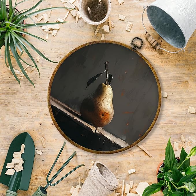 Hiuwevt Vintage Moody Pear Round Wall Art Decor, Dark Cottagecore Pear Framed Canvas Prints, Antique Farmhouse Fruit Round Wall Hanging Decor for Kitchen Dining Room Home Decorations, 10x10 Inches
