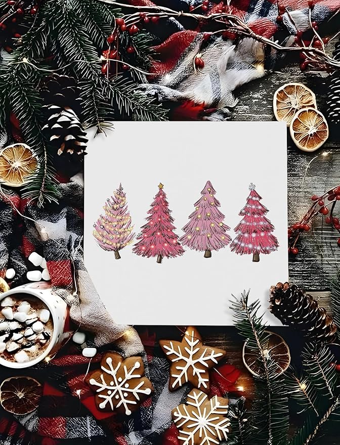 Preppy Pink Christmas Tree Wooden Box Sign, Pink Christmas Decorations, Glitter Xmas Tree Holiday Wood Signs for Home Office Desk Shelf Tabletop Decor, 5x5 Inch Decorative Signage