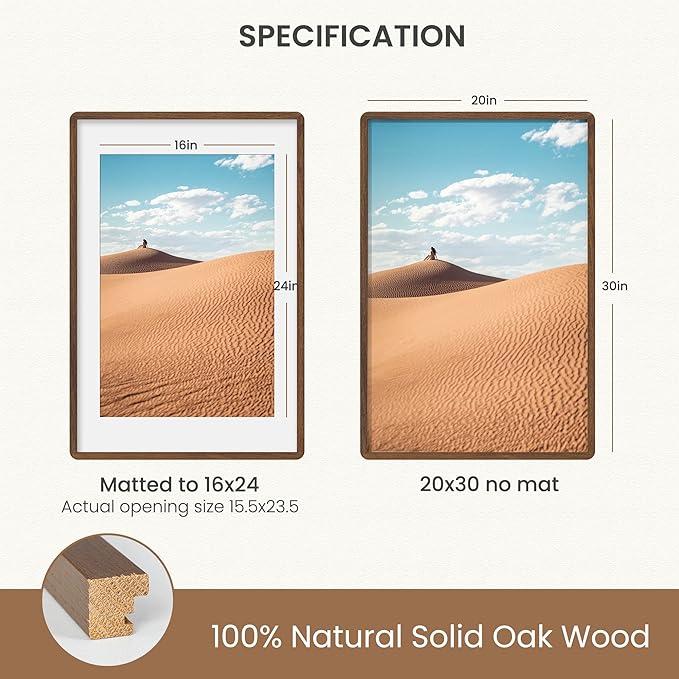 Natural Oak Wood Picture Frame 20x30, Wooden Poster Frame with Mat for 16x24, Round Corner 20 x 30 Matted Picture Frames with Resistant Plexiglass for Wall Mounting or Tabletop, Walnut Color, Set of 1
