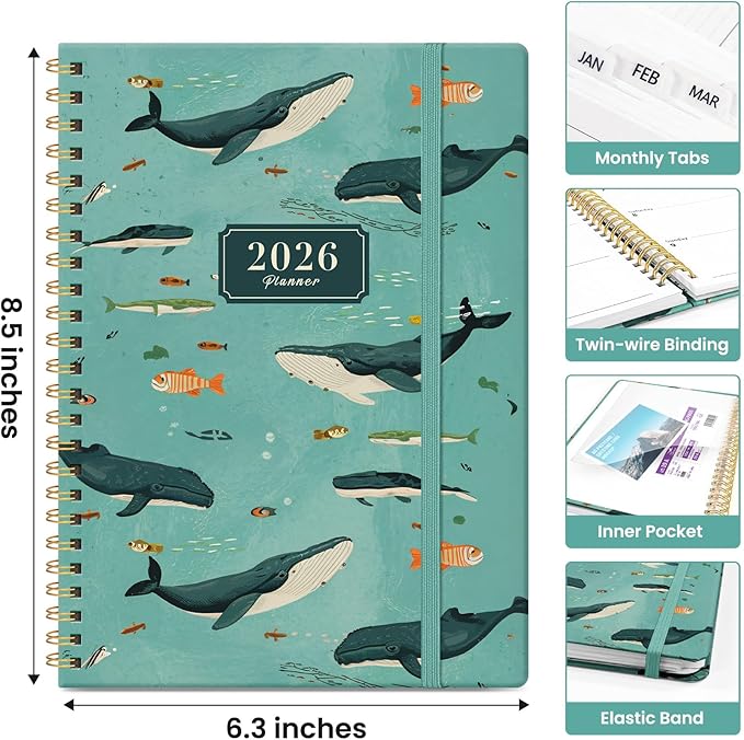 2026 Planner, Weekly and Monthly Calendar Planner for Women, Jan 2026 - Dec 2026, Hardcover Planning Agenda book with Tabs, Spiral Bound, Inner Pocket, Perfect for School Office Supplies, 6.3" x 8.5" - Depths Whale