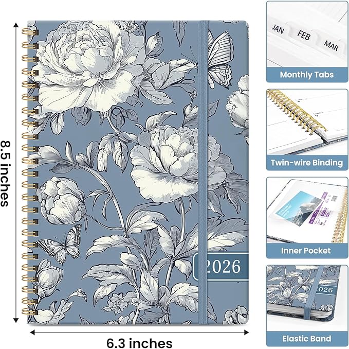 2026 Planner, Weekly and Monthly Calendar Planner for Women, Jan 2026 - Dec 2026, Hardcover Planning Agenda book with Tabs, Spiral Bound, Inner Pocket, Perfect for School Office Supplies, 6.3" x 8.5" - Butterfly Peony