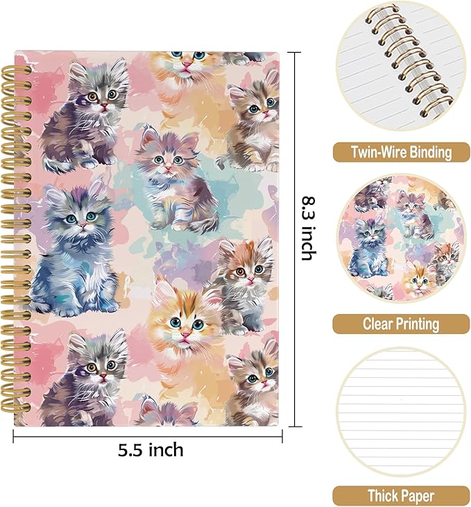 Cute Cat Journal Notebook - Watercolor Cat Themed Notebooks College Ruled for Work School, Gifts for Cat Lovers Kids, Aesthetic Office Supplies, Hardcover Spiral Notebook 5.5"x8.3"