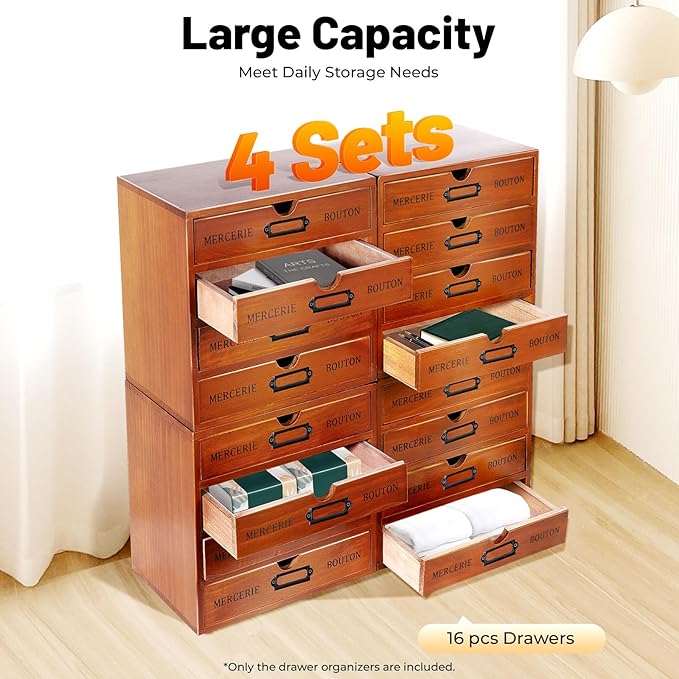 4-Pack Wooden Drawer Organizer Set – 16-Drawer Vintage Storage Box with Label Holders – for Desk, Office, Bedroom – Brown Pine Wood