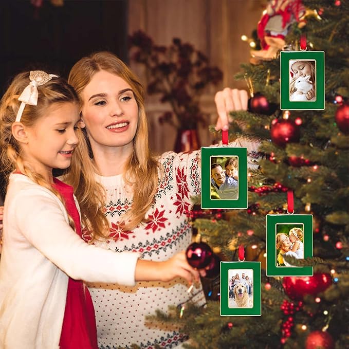 Christmas Picture Frame Ornaments - Set of 4 Green 2x3 Inch Mini Frames with Red Ribbon, Metal Photo Frames for Christmas Tree Decorations, Holiday Gift for Family & Friends