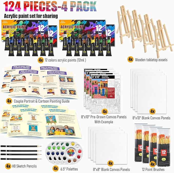 4 Pack Painting Set for Adults or Family Groups, 124 PCS Paint Sets with 4 Table Easels,48 Acrylic Paints,12 Pre-Drawn & Blank Canvases for Painting,48 Brushes,4 Pencils,4 Palettes and Painting Guides