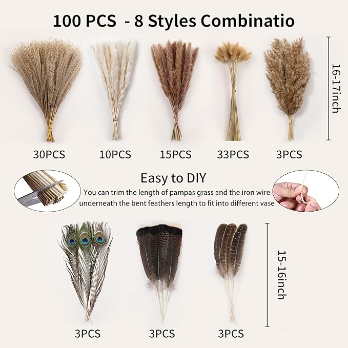 Bpole 2-in-1 Pampas Grass Decor - 100pcs Dried Pampas Grass with Natural Feathers Boho Flowers Arrangement for Vase,Home Wedding Party Centerpiece and Rustic Farmhouse Decor