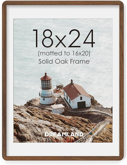 18x24 Picture Frame, Natural Oak Wood Poster Frame with Mat for 16x20, Round Corner 18 x 24 Matted Picture Frames with Resistant Plexiglass for Wall Mounting or Tabletop, Walnut Color, Set of 1