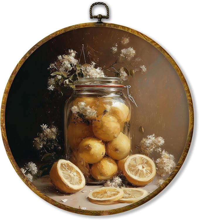 Hiuwevt Vintage Farmhouse Lemon Kitchen Round Wall Art Decor, Retro Country Lemon Framed Canvas Prints, Rustic Antique Fruit Round Wall Hanging Decor for Kitchen Dining Room Decorations, 10x10 Inches