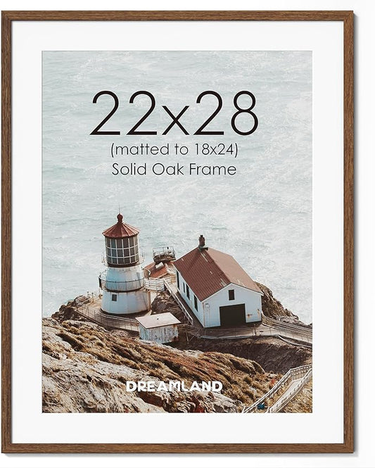 Dreamland Natural Oak Wood Picture Frame 22x28, Wooden Poster Frame with Mat for 18x24, 22 x 28 Matted Picture Frames with Tempered Real Glass for Wall Art Photo and Prints, Walnut Color, Set of 1
