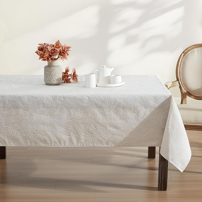 Laura Ashley Tablecloth Raised Woven Embroidered Jacquard Fabric, Wrinkle Resistant for Dining, Holiday, Party, Wedding or Banquet, 60" x 84", Maple Taupe