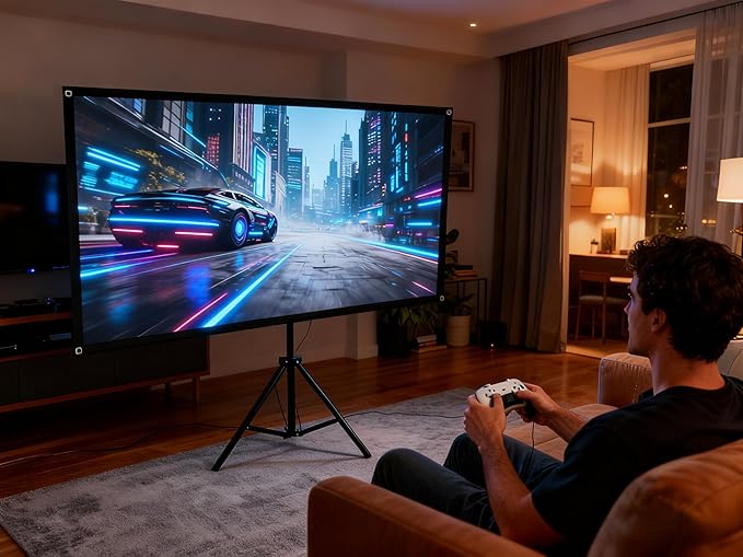 Projector Screen with Stand 80 Inch, 16:9, High Gain, Indoor Outdoor 4K HD PVC Projection Screen, Portable Wrinkle-Free Movie Screen, Easy Setup and Carrying for Home Theater