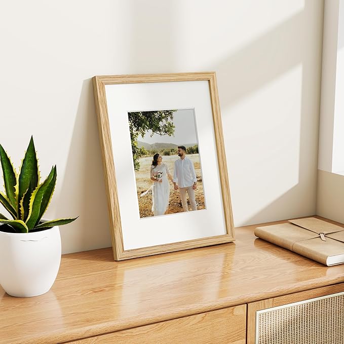 Dreamland Picture Frame 9x12, Solid Oak Wood Photo Frame with Mat for 6x8, 9 x 12 Matted Picture Frames with Resistant Plexiglass for Wall Art Photo and Prints, Oak Color, Set of 1