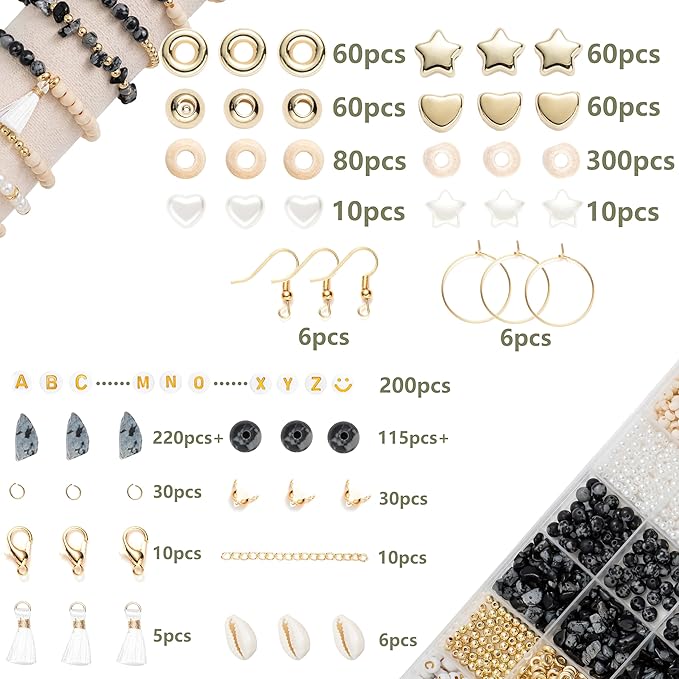 Xylise Jewelry Making Supplies Kit Natural Stone Beads for Irregular Natural Stone with for DIY Craft Bracelet Necklace Earrings for Adults (Black White)