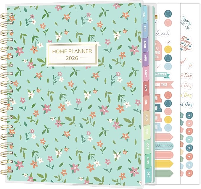 SUNEE Home Planner 2026, Work from Home Planner w/Stickers, JAN 2026 - DEC 2026, Monthly Budget Planner, Checklists for Routines and Goals, Weekly Calendar, Ideal for Gift, Poly Laminated Cover,Floral