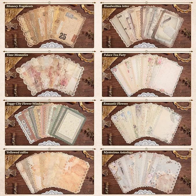 Vintage Scrapbook Supplies, 80 Sheets Lace Edged Scrapbook Stationery Paper with Double Sided Tape Roller for Junk Journal Making, Decoupage and Card Crafts, 4.9x6.9 Inches