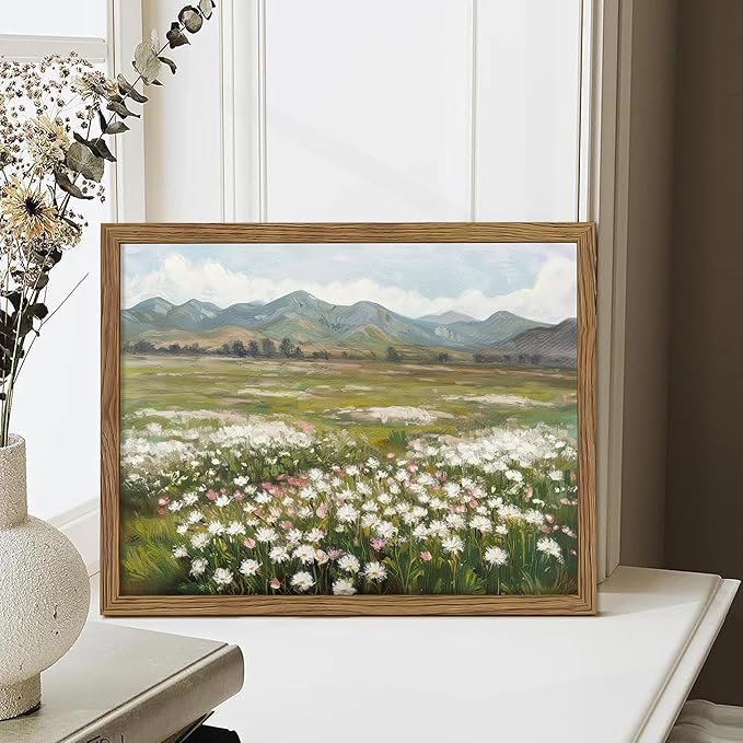 Framed Farmhouse Landscape Wall Art, Modern Country Flower Wall Decor, Vintage Wildflowers Mountain Canvas, Farm House Nature Pictures Print Artwork for Bedroom Living Room – 12x16 inch