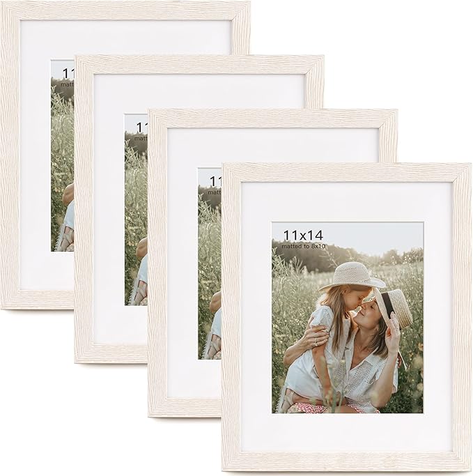 11x14 Picture Frame with Mat for 8x10 Set of 4, Rustic White Wood Grain 11 x 14 Gallery Wall Picture Frames for Wall Mounting(4 Pack, White)