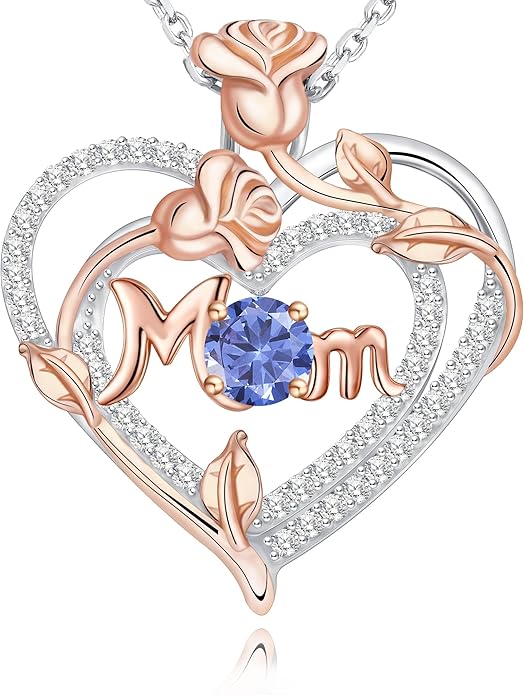 Mothers Day Gifts for Mom - Rose Heart Necklaces for Women, 925 Sterling Silver Birthstone Jewelry to My Wife Necklace, Birthday Gifts for Mother Grandma Girlfriend Her