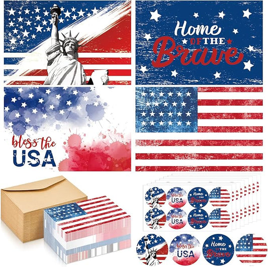 Seajan 200 Sets Patriotic Greeting Cards with Envelopes Stickers 4 x 6 Inch American Flag Blank Cards USA Thank You Note Postcards Bulk for Veteran's Day 4th of July Memorial Day
