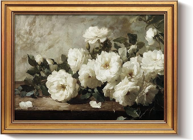 Bzstyleart Vintage Wall Art Decor for Living Room,Gold Framed Prints Flowers Wall Art Home Decor Aesthetic,White Rosebush Vintage Botanical Flower Prints,Canvas Picture Print Artwork for Christmas Gift,12 x 16 Inch
