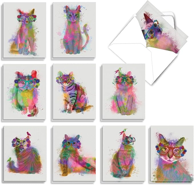 The Best Card Company 20 Assorted Blank Notecards Bulk Box Set 4 x 5.12 Inch with Envelopes (10 Designs, 2 Each) Funky Rainbow Cats AM6199OCB-B2x10