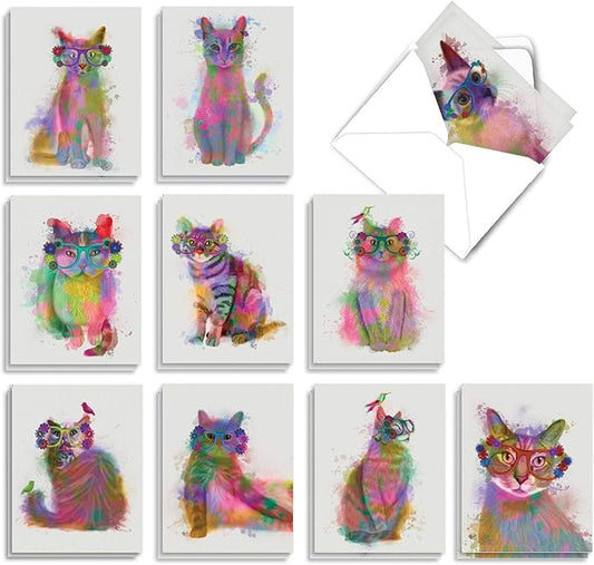 The Best Card Company 20 Assorted Blank Notecards Bulk Box Set 4 x 5.12 Inch with Envelopes (10 Designs, 2 Each) Funky Rainbow Cats AM6199OCB-B2x10