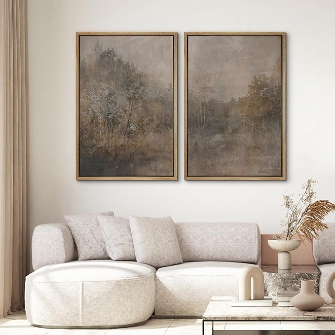 SIGNWIN Framed Canvas Print Wall Art Set Misty Forest Landscape Neutral Woodland Nature Illustrations Modern Art Scenic Colorful for Living Room, Bedroom, Office - 16"x24"x2 Natural