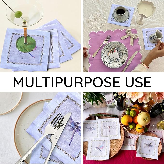Cocktail Napkins Set of 6, 6x6 inch, 100% Linen, Printed Animal Pattern, Reusable & Washable Cloth Coasters for Beverages, Hosting, Gifting & Everyday Use (Dragonfly)