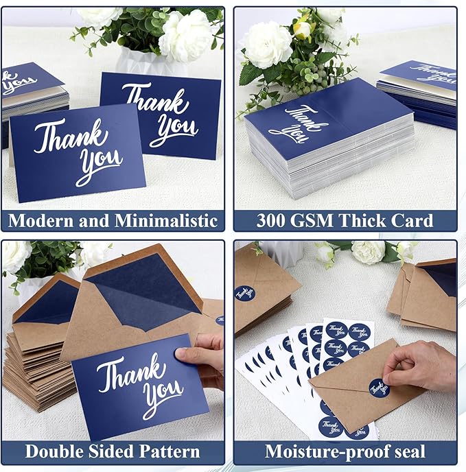 600 PCS Thank You Cards with Envelopes & Matching Stickers, Thank You Notes Bulk 4x6 Inch Minimalistic Design for Business, Baby Shower, Wedding, Small Business, Graduation, Bridal Shower, Funeral,Navy Blue
