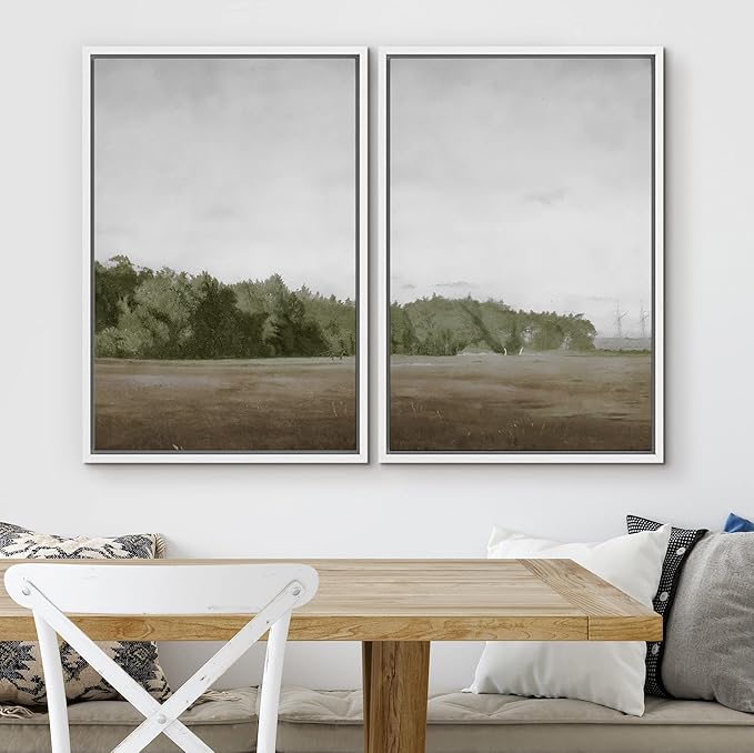 SIGNWIN Framed Canvas Print Wall Art Set Green Mountain Hill Forest Landscape Nature Wilderness Illustrations Fine Art Farmhouse/Country Minimal for Living Room, Bedroom, Office - 24"x36"x2 White