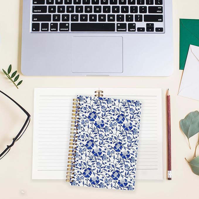 BearCake Chinoiserie Grandmillennial Notebook Journal, Blue Floral Aesthetic Notebook,Blue Aesthetic Office Supplies, Notebooks for Work, Hardcover Spiral Notebook 5.5x8.3