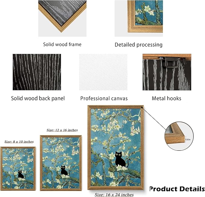 Fantasy Artists Van Gogh's Almond Blossom Funny Black Cat Canvas Wall Art, Oil Painting Posters Home Decor, Vintage Abstract Aesthetic Wall Decorations for Living Room Bedroom, 8" X 10"