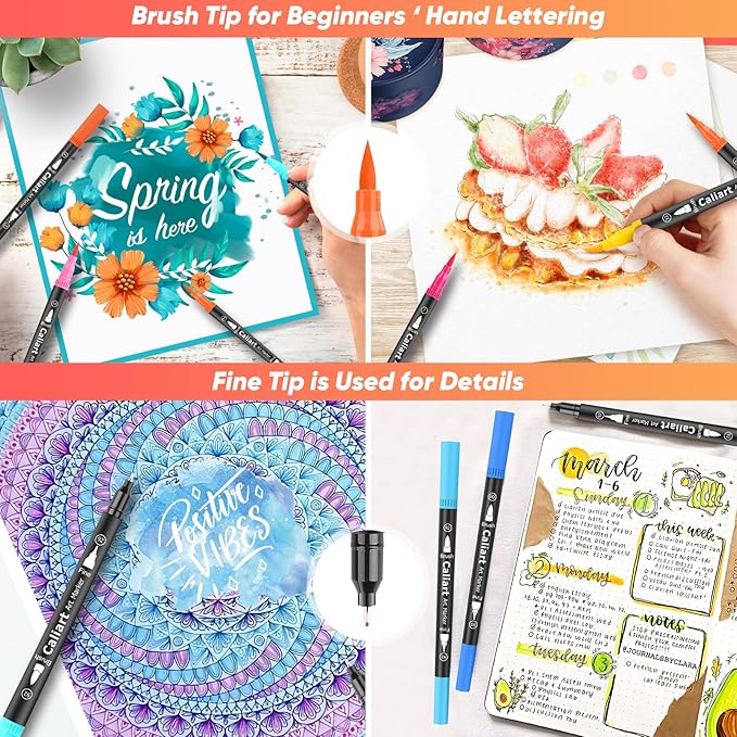 Caliart 72 Colors Double Tip Brush Pens Art Markers, Artist Fine & Brush Pen Coloring Markers for Adult Book Cards Drawing Craft Kit Teacher Office Supplies, Christmas Gifts for Teen Girls Boys