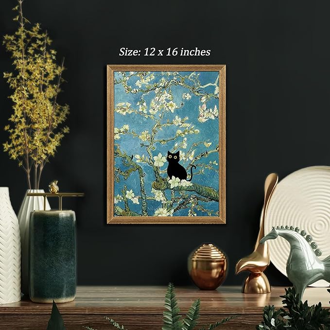 Fantasy Artists Van Gogh's Almond Blossom Funny Black Cat Canvas Wall Art, Oil Painting Posters Home Decor, Vintage Abstract Aesthetic Wall Decorations for Living Room Bedroom, 12'' x 16''
