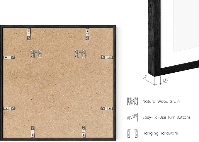 HAUS AND HUES Black Oak Wood 16x16 Picture Frames - Set of 6, Square Frames with Mat, Contemporary Frames for Posters and Photos (16x16 in, Black, Set of 6)