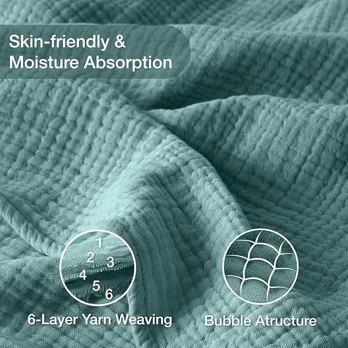 100% Cotton Muslin Blanket 50" x 60", Breathable and Lightweight Cotton Throw Blankets for Couch, Soft Cooling Summer Gauze Blanket for Adults All Season, Teal Blue