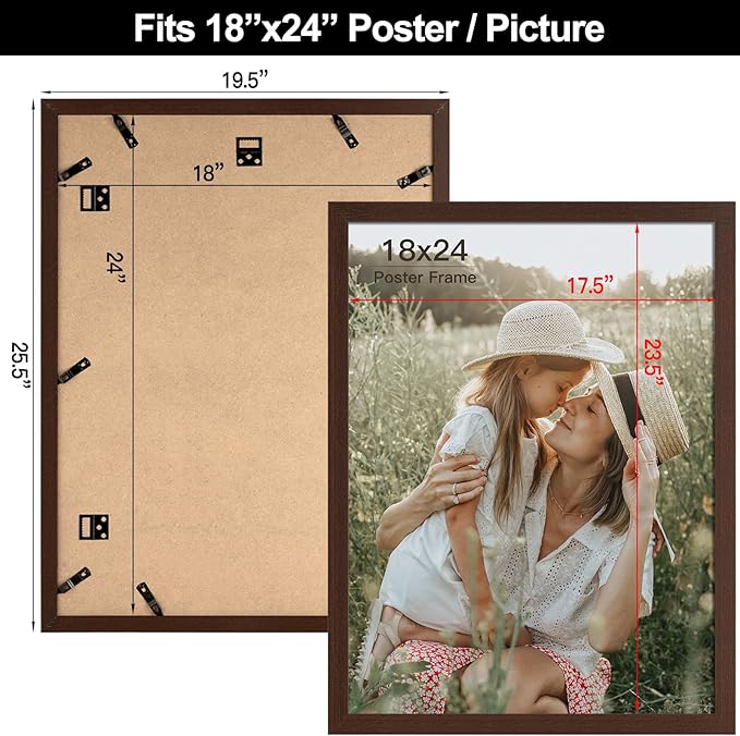 18x24 Frame Set of 3, Dark Brown Wood Grain 18x24 Poster Frame for Gallery Wall Mounting (3 Pack,Walnut)