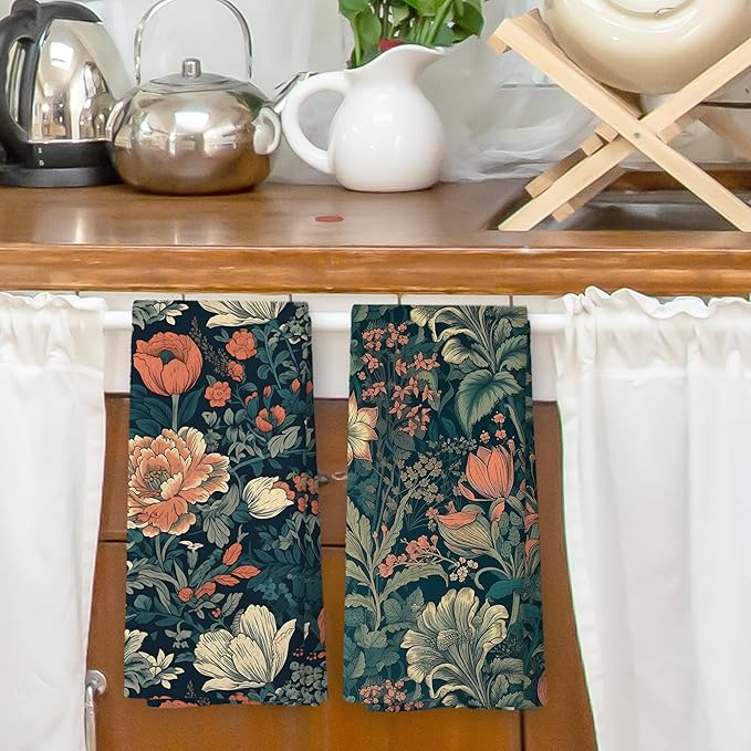 Vintage Cottagecore Floral Kitchen Dish Towels, Retro Rustic Midcentury Modern Wildflower Botanical Hand Towels Kitchen Tea Towels Decorations, Boho Flowers Bathroom Decor, 16x24inch Set of 2