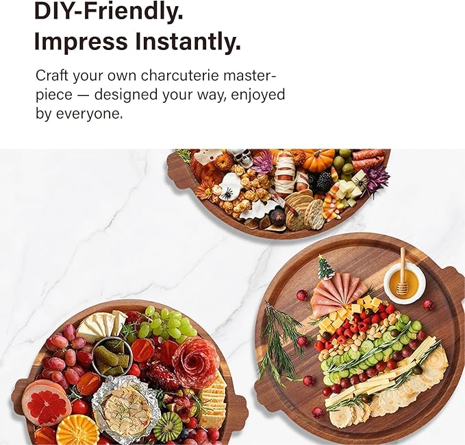 Charcuterie Board | Acacia Wood Serving Tray with Handles 13'' | Round Decorative Ottoman Coffee Table Tray | Large Wooden Cheese Board Serving Platter for Party Supplies