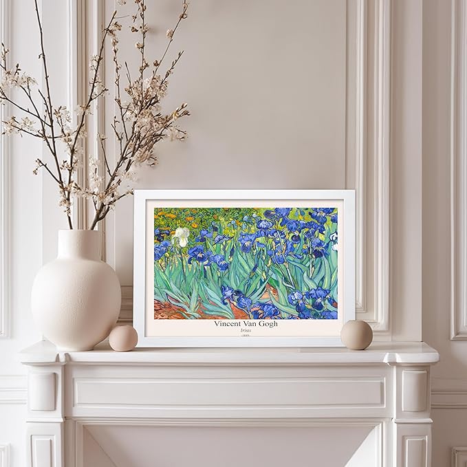 Monem Art Vintage Van Gogh Poster - Retro Irises Print - Impressionism Art - Floral Art - Fine Art - Flower Art - Classic Painting Art - Aesthetic Living Room Wall Decor - 8x10 White Framed