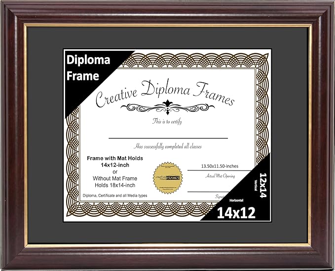 Creative Picture Frames 14x12 Mahogany Gold Rim Diploma Frame with Black Mat Glass and Installed Wall Hangers | Frame Holds 14x18 Media without Mat