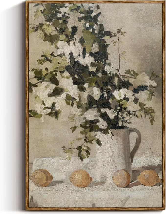 VIYYIEA Vintage Floral Large Framed Wall Art, Flowers and Lemons Paingtings Decor Aesthetic, 24x36 Inch Canvas Print Artwork, Farm Still Life Wall Pictures for Bedroom Living Room