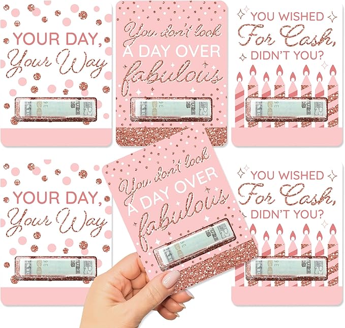 Big Dot of Happiness Pink Rose Gold Birthday - DIY Assorted Happy Birthday Party Cash Holder Gift - Funny Money Cards - Set of 6