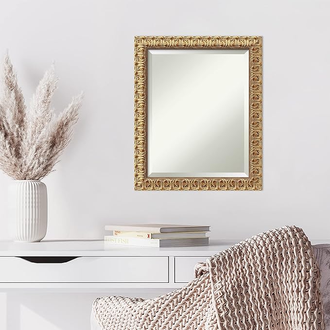 Amanti Art Gold Wall Mirror 23x19 Florentine Gold Rectangle Bathroom Mirror for Wall Decor Living Room, Small Traditional Wood Frame, Hangs Horizonally and Vertically, Bathroom Decor, Beveled Edge