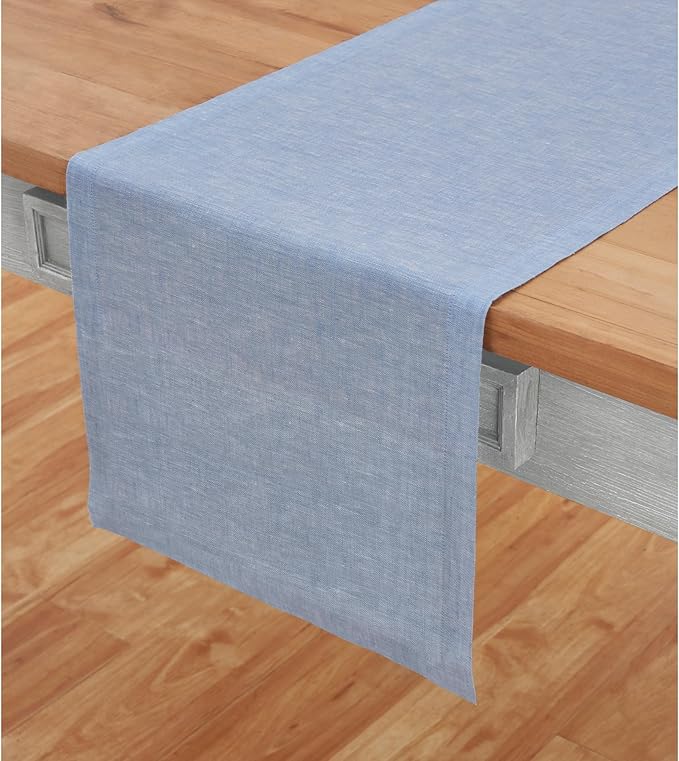 Solino Home Linen Table Runner 120 Inches Long - Athena, 100% Pure Linen Chambray Blue Table Runner 14 x 120 Inch for Dining, Winter, Spring, Easter
